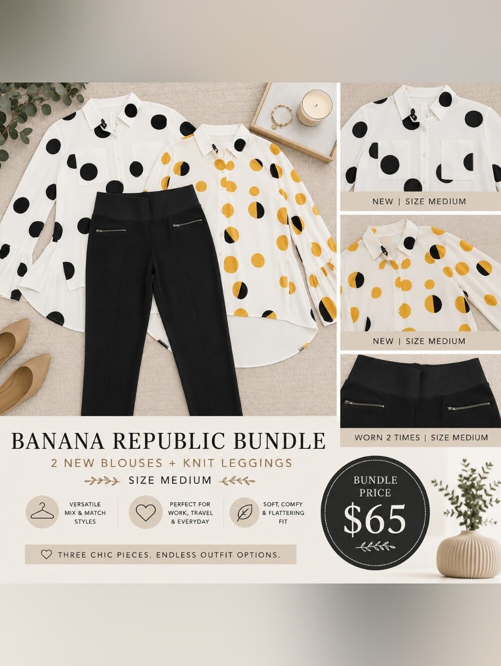 🌿Banana Republic Knit Leggings + 2 New Statement Blouses | Size M Bundle